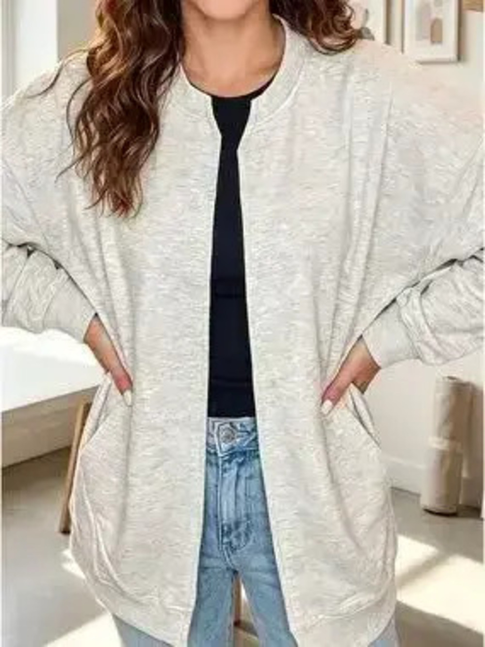 Solid Color Zip Front Jacket Style Sweatshirt - Picture 5 of 8